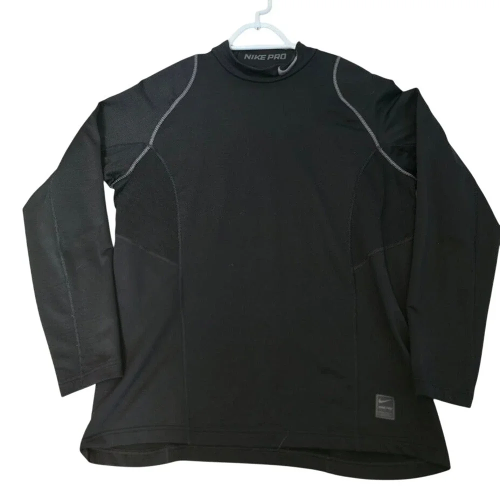 Nike Pro Hyperwarm Mens Large Black Mock Neck Long Sleeve Fitted Base Layer Top